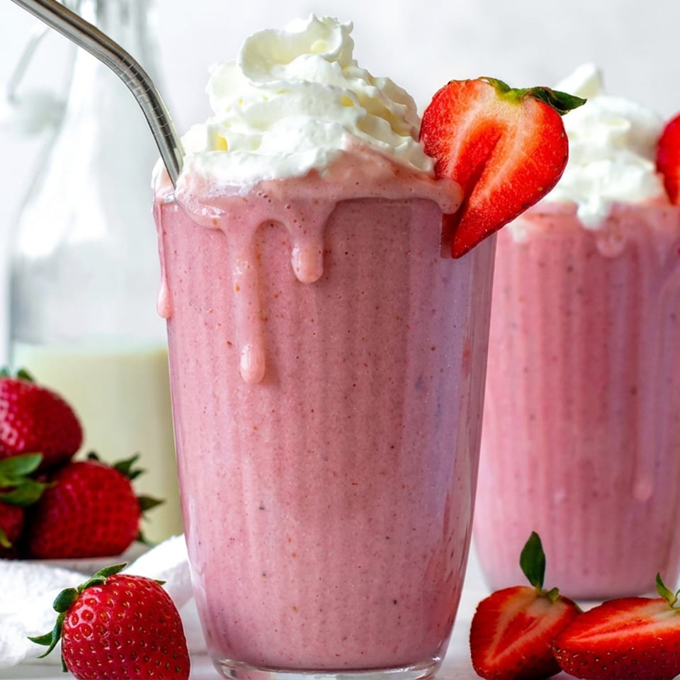 Two pink strawberry smoothies topped with whipped cream and sliced strawberries, surrounded by fresh strawberries on a bright table.