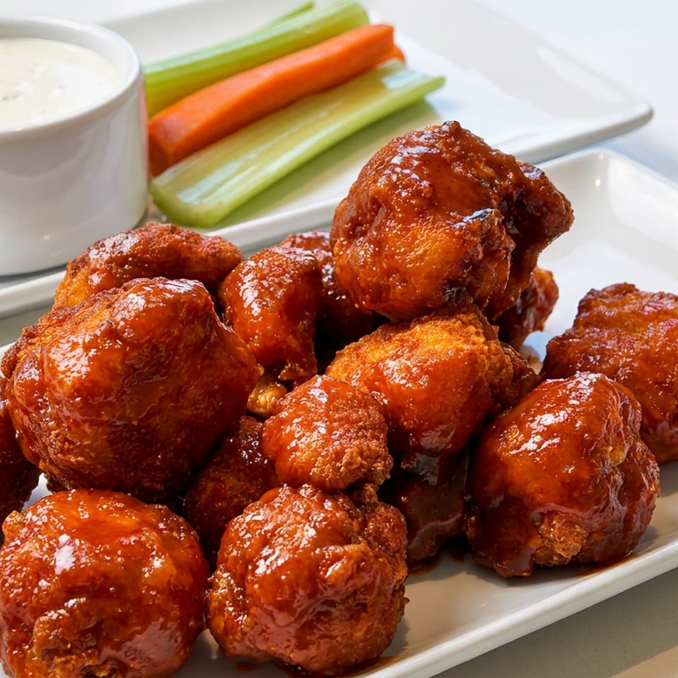 Crispy buffalo chicken wings piled on a white platter with ranch dressing and celery and carrot sticks.